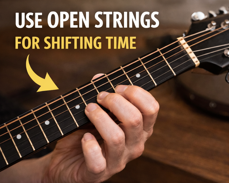 Left hand on bouzouki fretboard demonstrating open strings for smooth position shifts.